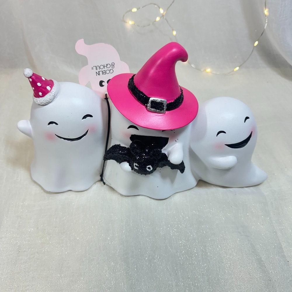 Goblin & Ghoul White Ghost Trio with Hot Pink Hat and Black Glitter Bat